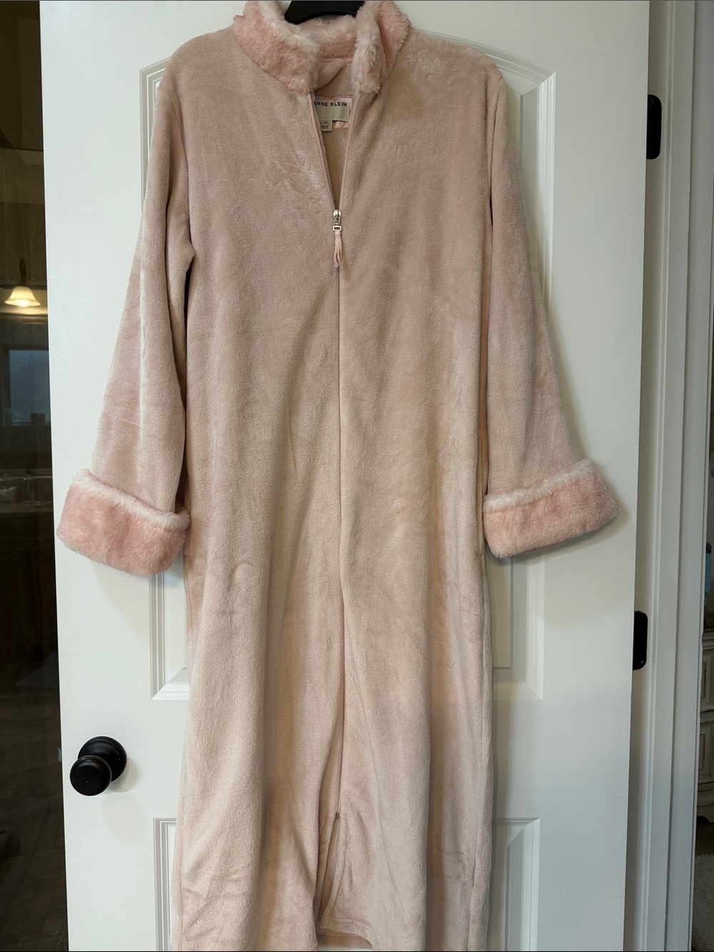 Anne Klein Blush Pink Plush Zip-Front Long Robe